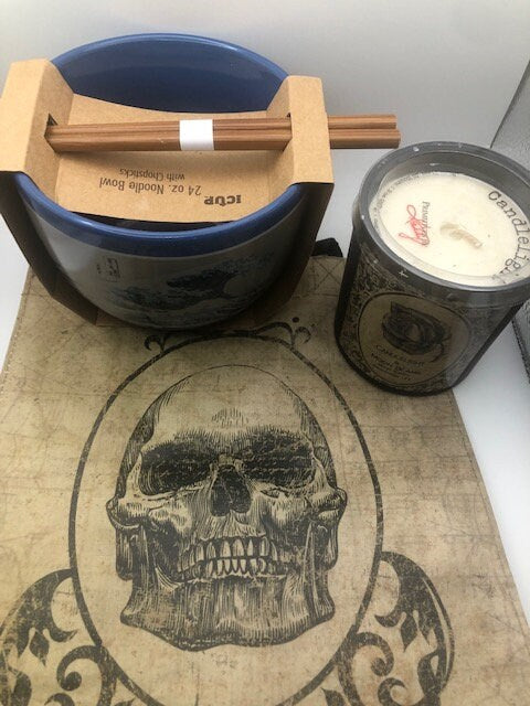 Ocean Ramen Bowl, with Skull tote bag and candle