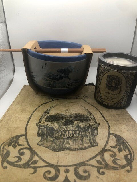 Ocean Ramen Bowl, with Skull tote bag and candle